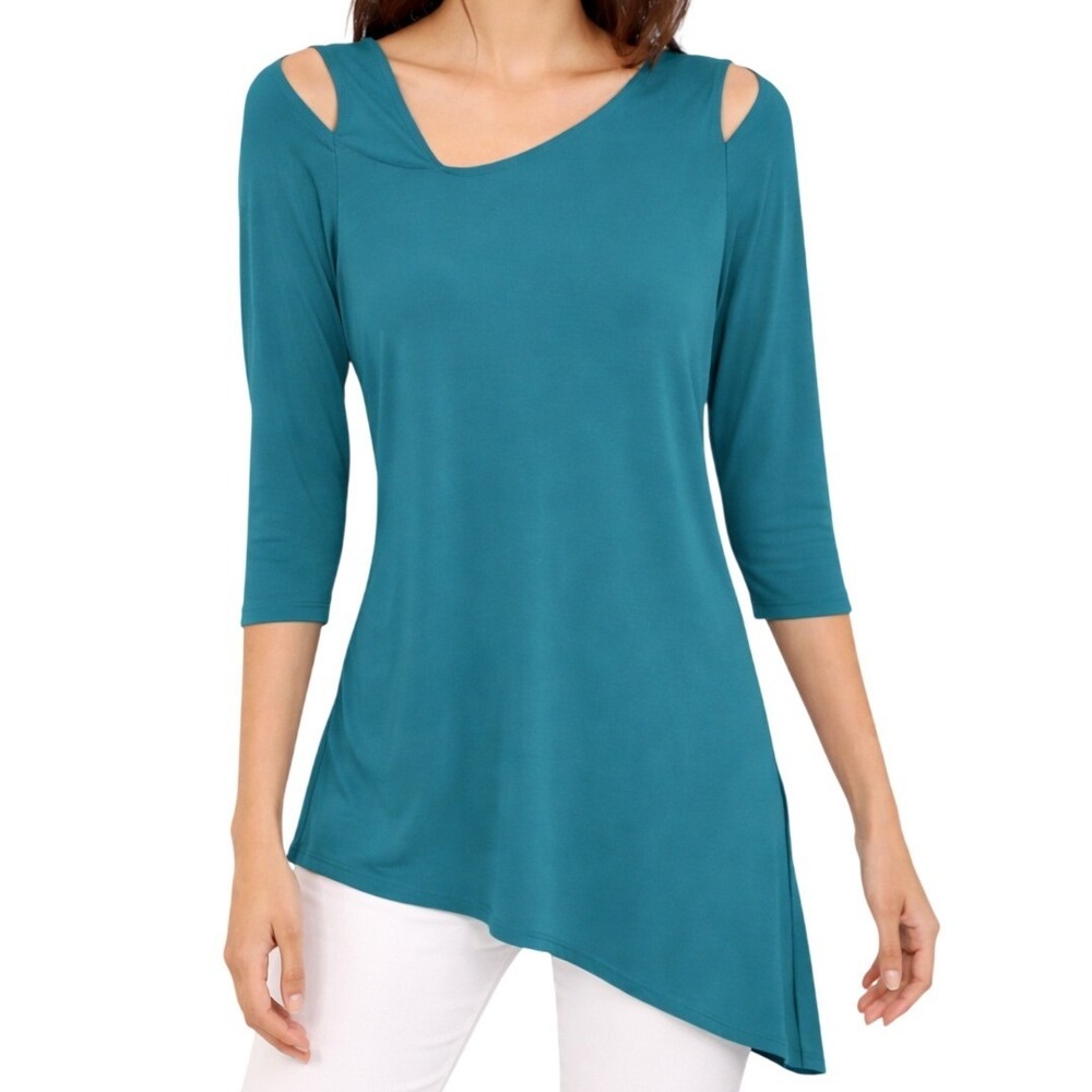 Sympli Teal Nuglimpse Shoulder Cutout Asymmetrical Hem Tunic 3/4 Sleeve Size 6